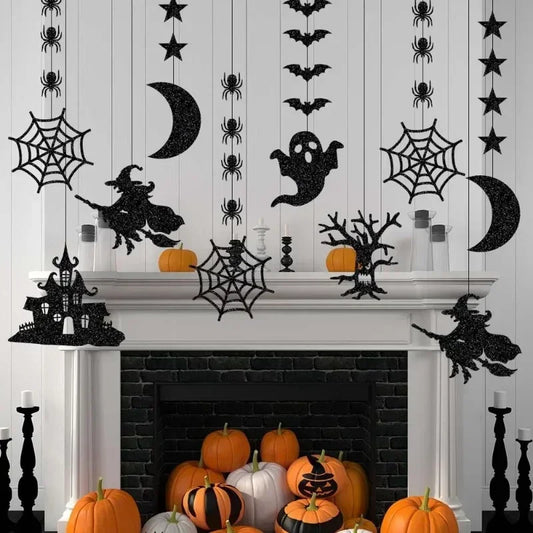 6pcs Halloween Hanging Banner Garland – Spooky Spider, Witch, Ghost, & Bat Ornaments for Home Party Decor!