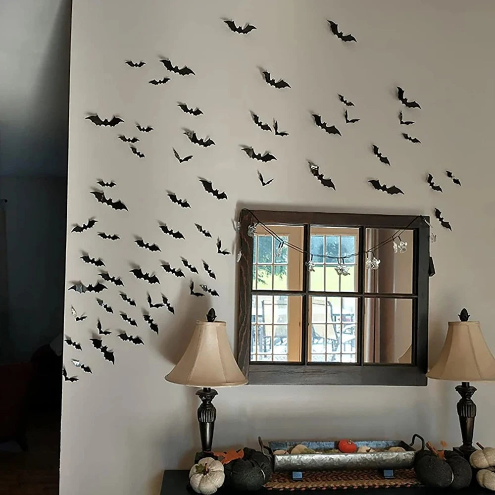 Halloween Bat Decorations – Black PVC Wall Stickers for Spooky Home & Porch Decor